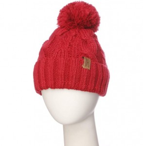 Skullies & Beanies Women Chunky Soft Strech Cable Knit Pom Pom Beanie Sherpa Fleece Lined - Red - C318KIOECDS