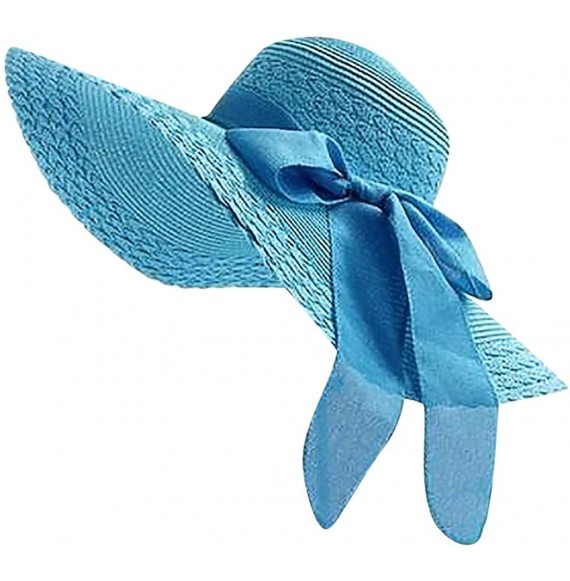 Sun Hats Women Colorful Big Brim Straw Bow Hat Sun Floppy Wide Brim Hats Beach Cap - Sky Blue - C718QGINRH2