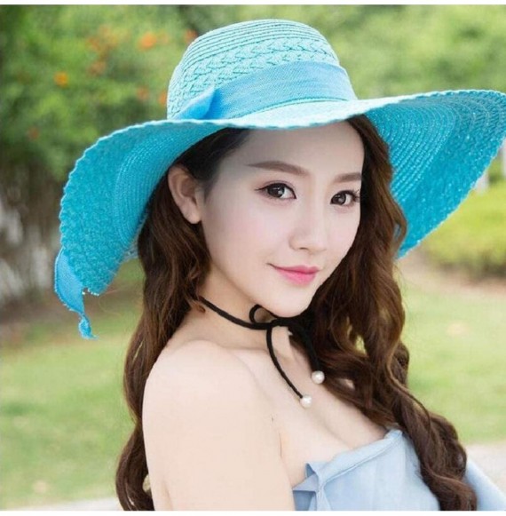 Sun Hats Women Colorful Big Brim Straw Bow Hat Sun Floppy Wide Brim Hats Beach Cap - Sky Blue - C718QGINRH2