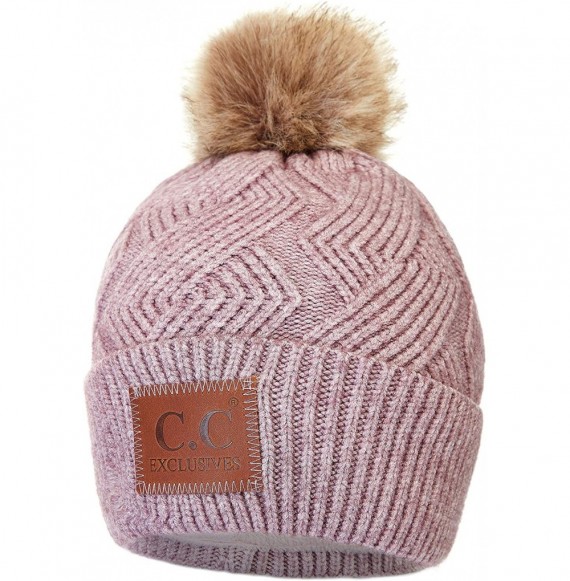 Skullies & Beanies Exclusives Geometric Cable Beanie Hat with Faux Fur Pom (HAT-2298) - Mauve - CZ18S7OYQTC