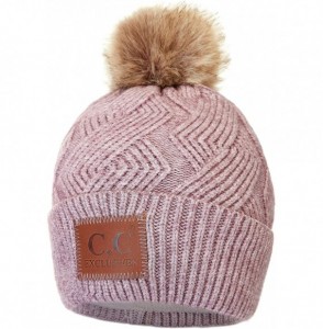 Skullies & Beanies Exclusives Geometric Cable Beanie Hat with Faux Fur Pom (HAT-2298) - Mauve - CZ18S7OYQTC