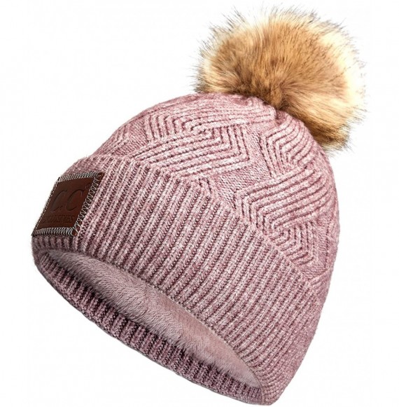 Skullies & Beanies Exclusives Geometric Cable Beanie Hat with Faux Fur Pom (HAT-2298) - Mauve - CZ18S7OYQTC