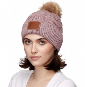 Skullies & Beanies Exclusives Geometric Cable Beanie Hat with Faux Fur Pom (HAT-2298) - Mauve - CZ18S7OYQTC