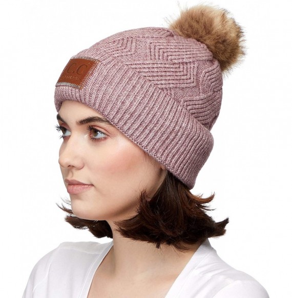 Skullies & Beanies Exclusives Geometric Cable Beanie Hat with Faux Fur Pom (HAT-2298) - Mauve - CZ18S7OYQTC