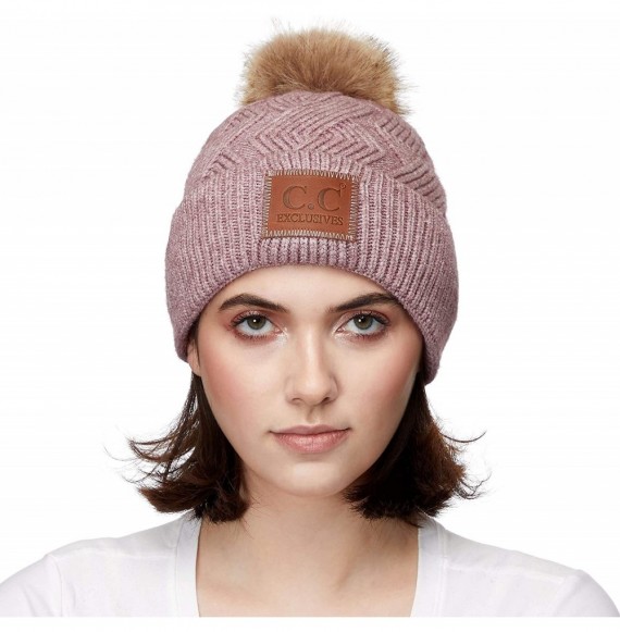 Skullies & Beanies Exclusives Geometric Cable Beanie Hat with Faux Fur Pom (HAT-2298) - Mauve - CZ18S7OYQTC