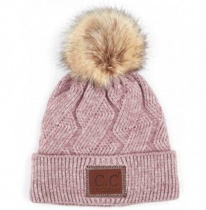 Skullies & Beanies Exclusives Geometric Cable Beanie Hat with Faux Fur Pom (HAT-2298) - Mauve - CZ18S7OYQTC