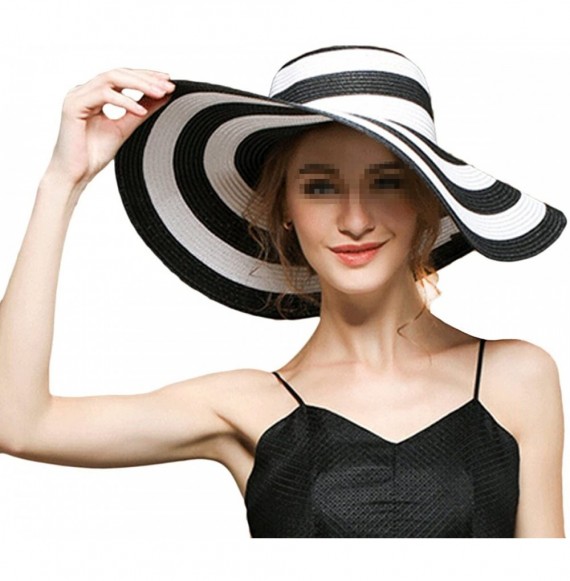 Sun Hats Summer Black and White Stripe Straw Hat Foldable Wide Brim Sun Hat Cap - CT12GKQGT8L