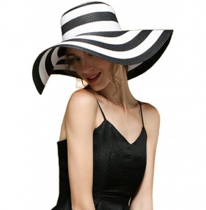 Sun Hats Summer Black and White Stripe Straw Hat Foldable Wide Brim Sun Hat Cap - CT12GKQGT8L