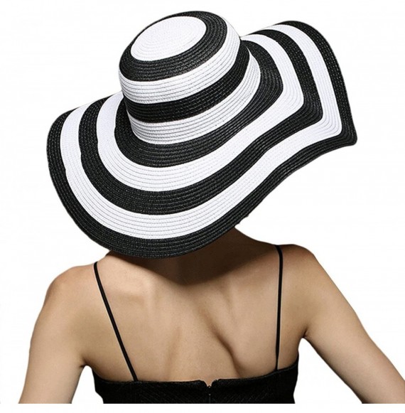 Sun Hats Summer Black and White Stripe Straw Hat Foldable Wide Brim Sun Hat Cap - CT12GKQGT8L