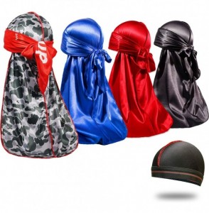 Skullies & Beanies 4PCS Silky Durags for Men 360 Waves- Designer Do Rag- Award 1 Wave Cap - Bape Sup Blue Black Red - CT194KY...