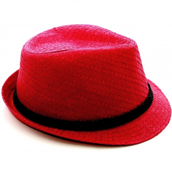 Fedoras Paper Lightweight Straw Fedora Hat - Red - C111OI899DV