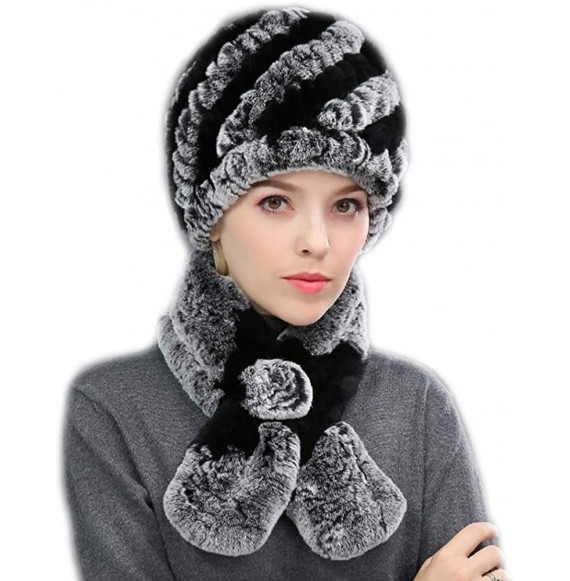 Skullies & Beanies Women's Real Rex Rabbit Fur Hat and Real Rabbit Fur Scarf 1 Set Winter Warm Fashion - Black + Gray - CB18U...