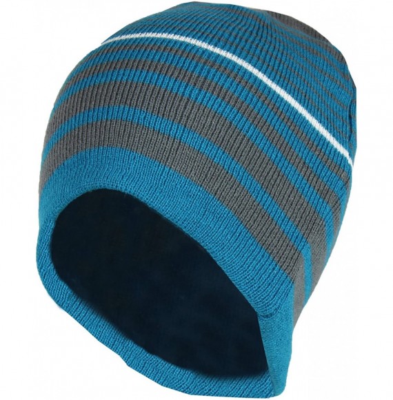 Skullies & Beanies 2 in 1 Reversible Striped & Solid Knit Beanie Hat - Winter Snug Fit Skull Cap - Blue/Grey - C718649W4U8