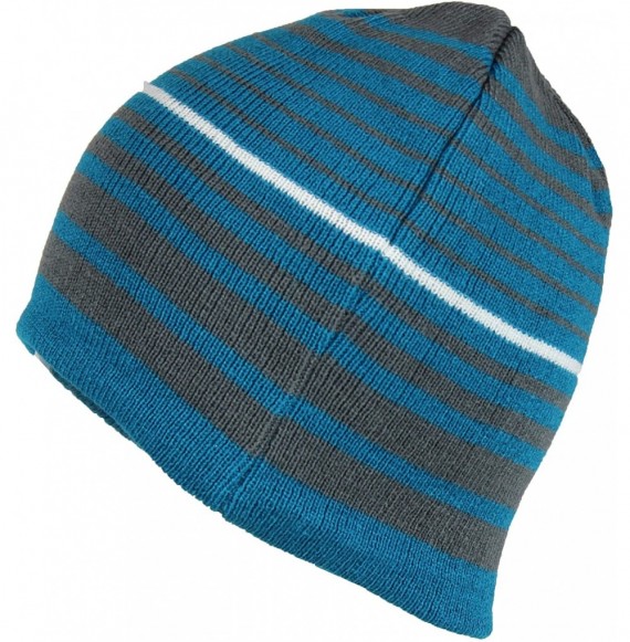 Skullies & Beanies 2 in 1 Reversible Striped & Solid Knit Beanie Hat - Winter Snug Fit Skull Cap - Blue/Grey - C718649W4U8