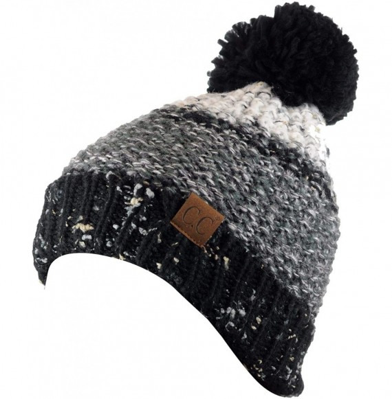 Skullies & Beanies Multi Blend Pom Soft Fuzzy Lined Thick Knit Cuff Beanie Hat - Black/Gray/White - C418AKWMX2R