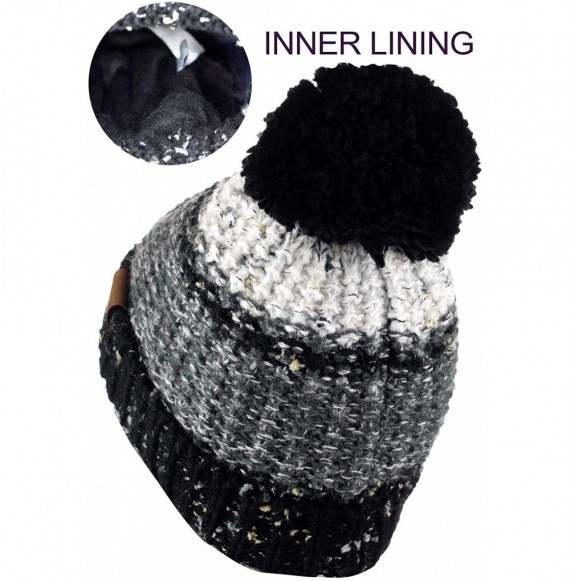 Skullies & Beanies Multi Blend Pom Soft Fuzzy Lined Thick Knit Cuff Beanie Hat - Black/Gray/White - C418AKWMX2R