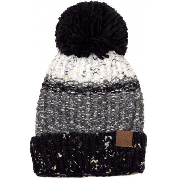 Skullies & Beanies Multi Blend Pom Soft Fuzzy Lined Thick Knit Cuff Beanie Hat - Black/Gray/White - C418AKWMX2R