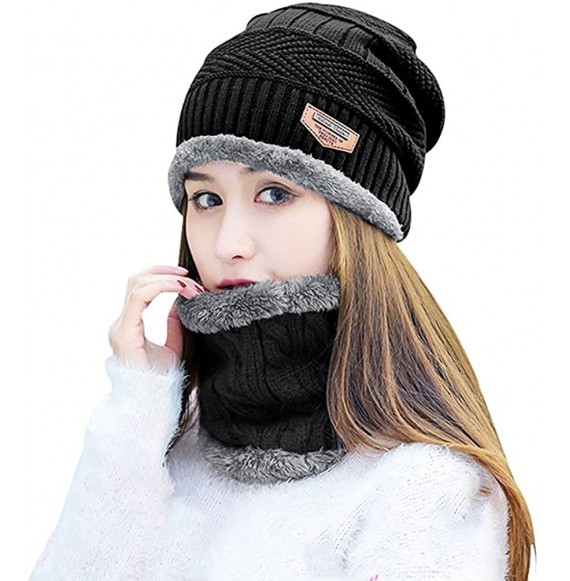 Skullies & Beanies Womens Slouchy Beanie Gloves Set Skull Cap Touch Screen Mittens Winter Hat - Hat+ Scarf (Black) - CX189T4R5K7