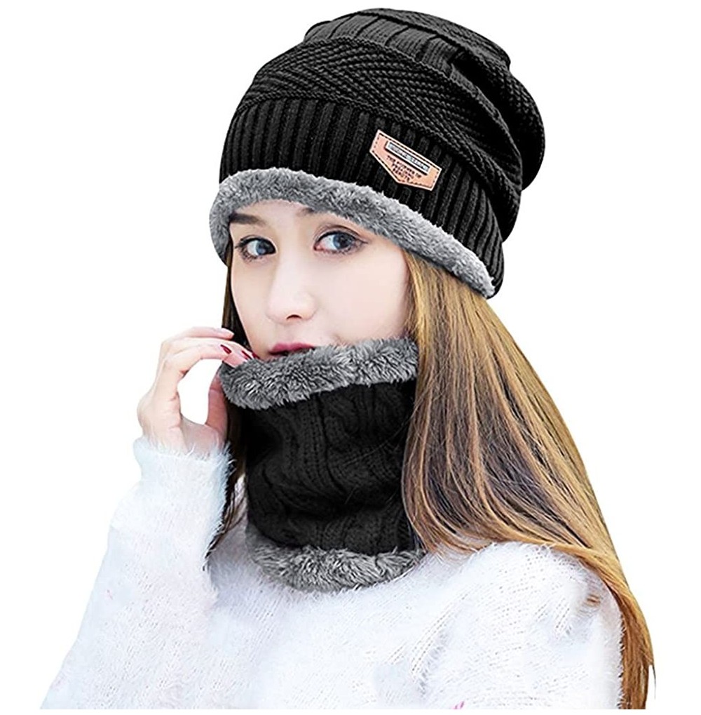 Skullies & Beanies Womens Slouchy Beanie Gloves Set Skull Cap Touch Screen Mittens Winter Hat - Hat+ Scarf (Black) - CX189T4R5K7