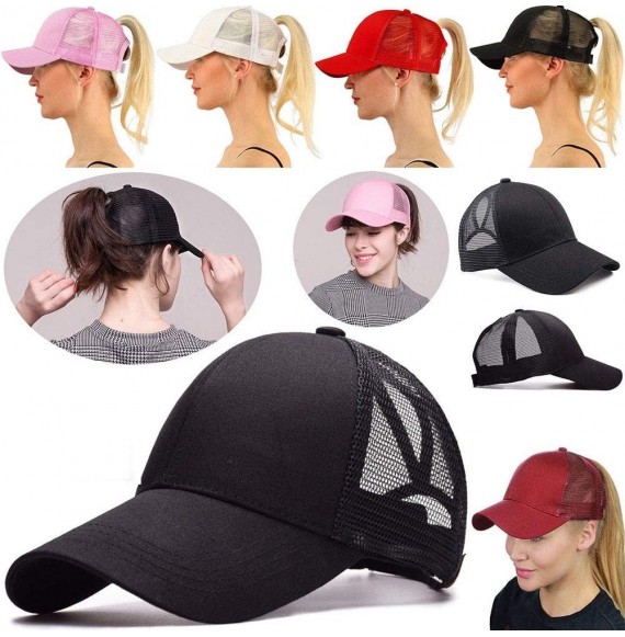 Baseball Caps Ponycap Messy High Bun Ponytail Adjustable Mesh Trucker Baseball Cap Hat for Women - Red Wine - CM18M00OHNZ