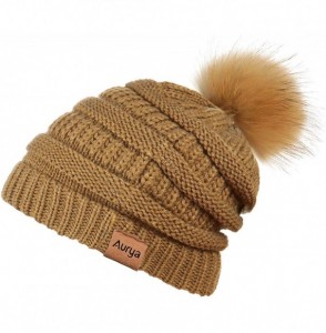 Skullies & Beanies Cable Knit Pom Pom Beanie Womens Winter Warm Faux Fur Pompoms Bobble Ski Hat Cap - Sandy Brown - C118K4X3QRE