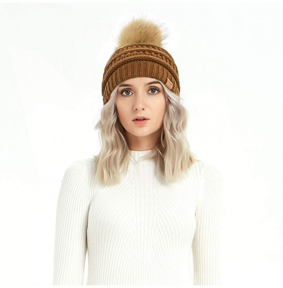 Skullies & Beanies Cable Knit Pom Pom Beanie Womens Winter Warm Faux Fur Pompoms Bobble Ski Hat Cap - Sandy Brown - C118K4X3QRE