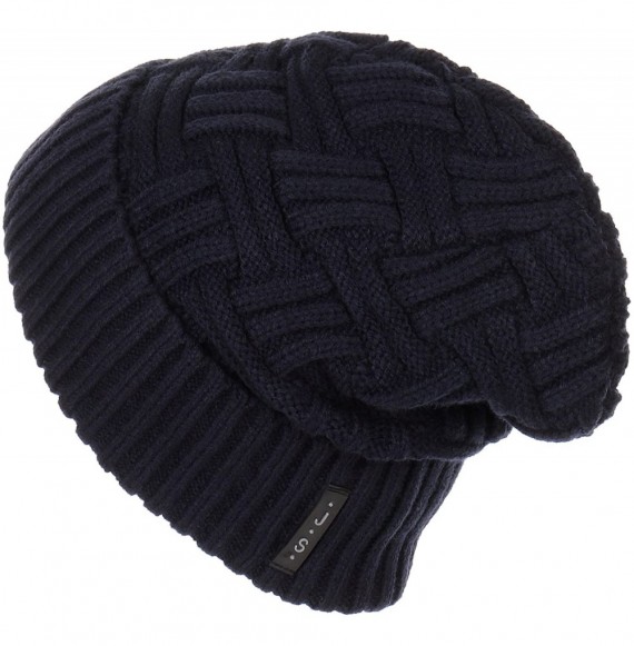 Skullies & Beanies Trendy Warm Ribbed Beanie Thick Slouchy Stretch Cable Knit Hat Soft Unisex Solid Skull Cap - Navy - CP188I...