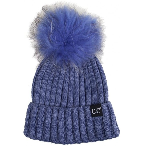 Skullies & Beanies Black Label Ribbed Real Racoon Fur Knitted Cuffed Beanie with Pom Pom - Denim - CZ187GLQSG8