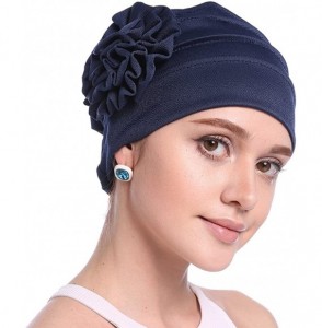 Skullies & Beanies Women Chemo Cap Turban Headwear Sleep Hat with Elegant Side Flower Pleated Skull Caps - Navy - CY183WL80AZ