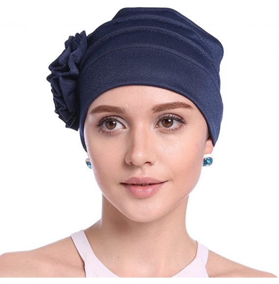 Skullies & Beanies Women Chemo Cap Turban Headwear Sleep Hat with Elegant Side Flower Pleated Skull Caps - Navy - CY183WL80AZ