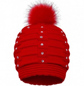 Skullies & Beanies Womens Faux Fur Pompom Knit Winter Beanie Hat w/Sequins - Red - CG188NWCX2Q