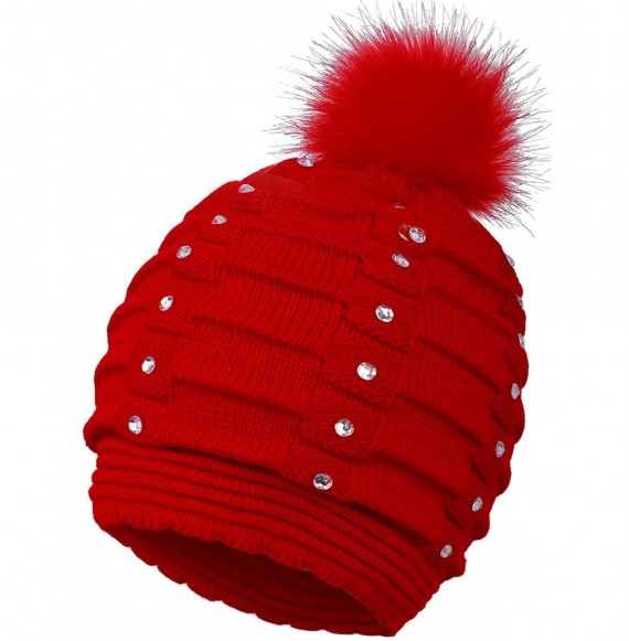 Skullies & Beanies Womens Faux Fur Pompom Knit Winter Beanie Hat w/Sequins - Red - CG188NWCX2Q