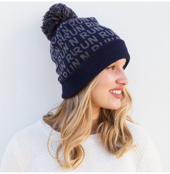 Skullies & Beanies Pom Pom Beanie Hat for Runners - Running Hats - Run Run Run (Navy) - C21875HREON