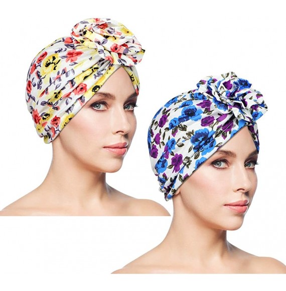 Skullies & Beanies 2 Pieces Elastic Turban Cap- Twist Headwraps Beanie with Knotted Flower Perfect for Women - Ahua-1 - C718T...