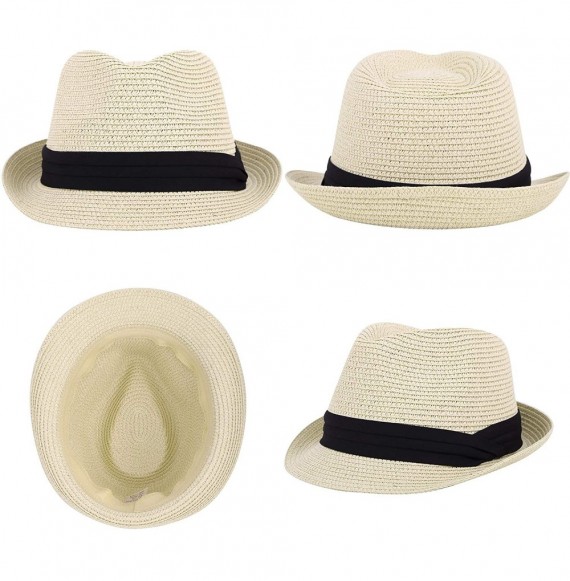 Fedoras Women/Men's Summer Short Brim Straw Fedora Sun Hat - Natural With Black Band - CV18ATHL63K