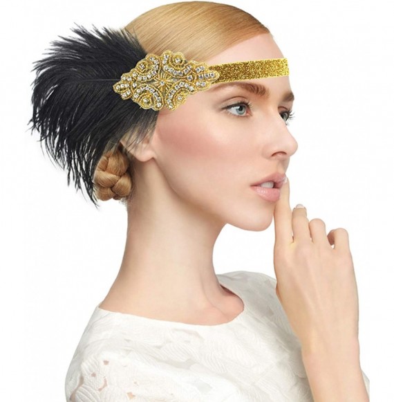 Headbands Vintage 1920s Black Feather Headpiece Gold Beaded Art Deco Flapper Headband - Gold - CK182YYMWQG