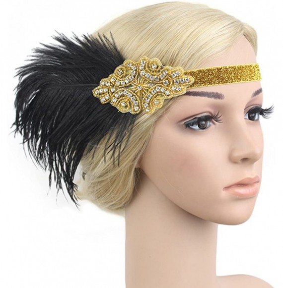 Headbands Vintage 1920s Black Feather Headpiece Gold Beaded Art Deco Flapper Headband - Gold - CK182YYMWQG