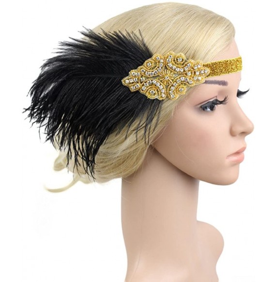 Headbands Vintage 1920s Black Feather Headpiece Gold Beaded Art Deco Flapper Headband - Gold - CK182YYMWQG