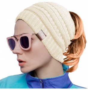 Skullies & Beanies Women Ponytail Beanie Messy Bun Style Hat Stretchy Cable Knit Wool Slouchy Skull Winter - White - CL18L7TAT9C