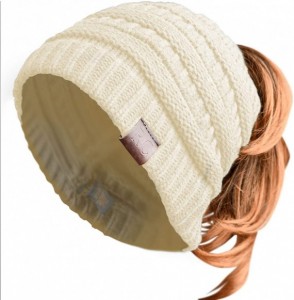 Skullies & Beanies Women Ponytail Beanie Messy Bun Style Hat Stretchy Cable Knit Wool Slouchy Skull Winter - White - CL18L7TAT9C