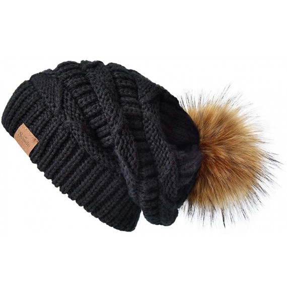 Skullies & Beanies Women Winter Knit Slouchy Beanie Hats with Faux Fur Pom Pom Thick Warm Chunky Baggy hat Ski Cap - C018X6TA040