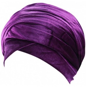 Skullies & Beanies Women Solid Color Velvet Muslim Stretch Turban Hat Chemo Cap Visor Head Scarf Wrap Sleeping Cap - Purple -...