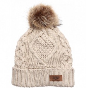 Skullies & Beanies Women's Winter Fleece Lined Cable Knitted Pom Pom Beanie Hat with Hair Tie. - Khaki - CK12N14BD8V