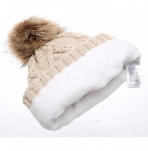 Skullies & Beanies Women's Winter Fleece Lined Cable Knitted Pom Pom Beanie Hat with Hair Tie. - Khaki - CK12N14BD8V