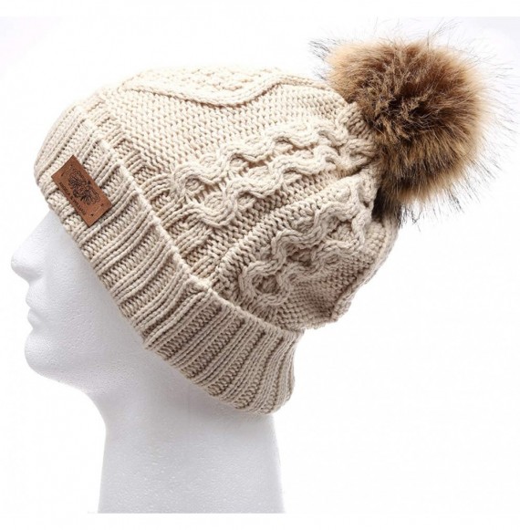 Skullies & Beanies Women's Winter Fleece Lined Cable Knitted Pom Pom Beanie Hat with Hair Tie. - Khaki - CK12N14BD8V