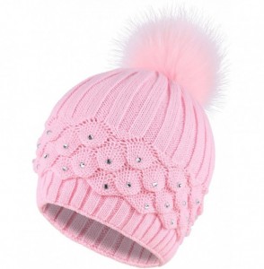 Skullies & Beanies Horizontal Cable Knit Beanie with Sequins and Faux Fur Pompom - Pink1 - CK185LUQZDU