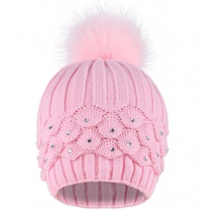 Skullies & Beanies Horizontal Cable Knit Beanie with Sequins and Faux Fur Pompom - Pink1 - CK185LUQZDU