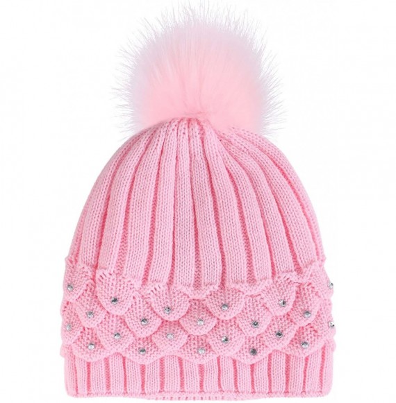 Skullies & Beanies Horizontal Cable Knit Beanie with Sequins and Faux Fur Pompom - Pink1 - CK185LUQZDU