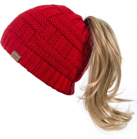 Skullies & Beanies Womens High Messy Bun Beanie Hat with Ponytail Hole- Winter Warm Trendy Knit Ski Skull Cap - Red - CC18X7A...