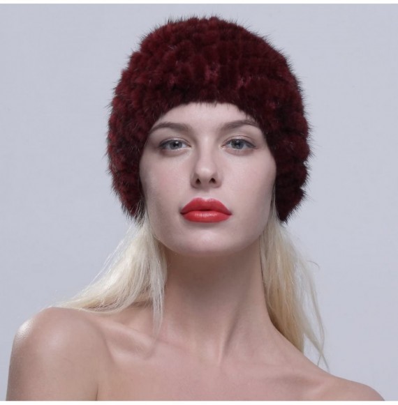 Skullies & Beanies Women's Fur Hat Real Mink Fur Knit Beanie Cap Multicolor - Burgundy - C512NG9IHTL